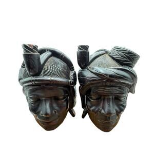 Pair Vintage Hand Carved Solid Wood Tribal Bust Bookends Statues 8"x5.5"x4" READ
